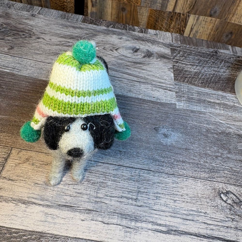 Felted wool Dog Figurine with Green and White Knit Hat